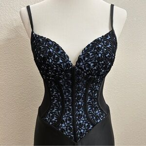 Vintage Cache Elegant Black and Blue Lace Corset Long Gown